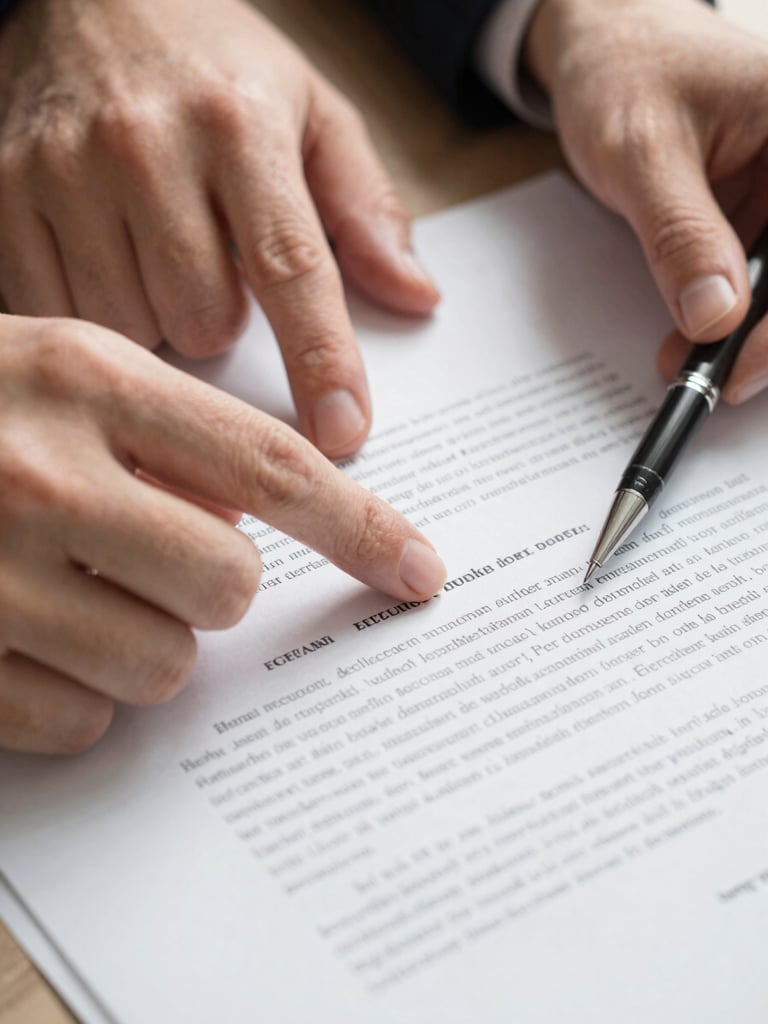 Extreme close-up of hands reviewing a printed legal contract on a desk, natural daylight from the left, fingers pointing at a dense paragraph of formal Dutch text, pen resting beside the document