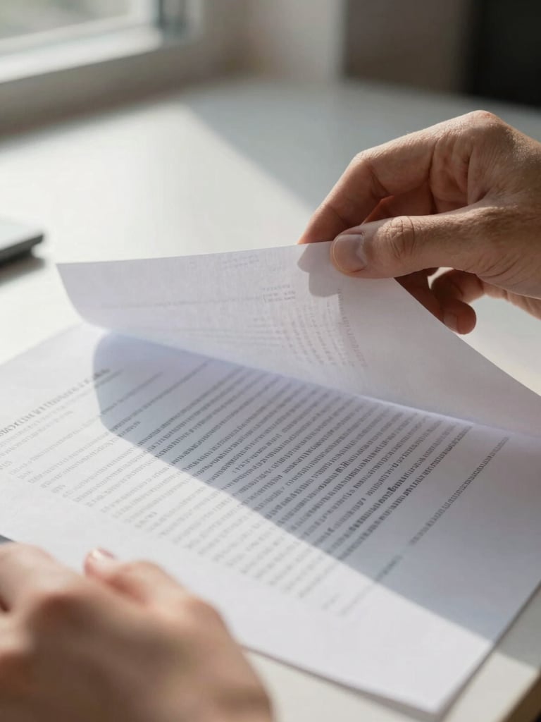 Extreme close-up of hands turning pages of a printed contract on a white desk under natural window light, typed text and margin annotations visible, no faces