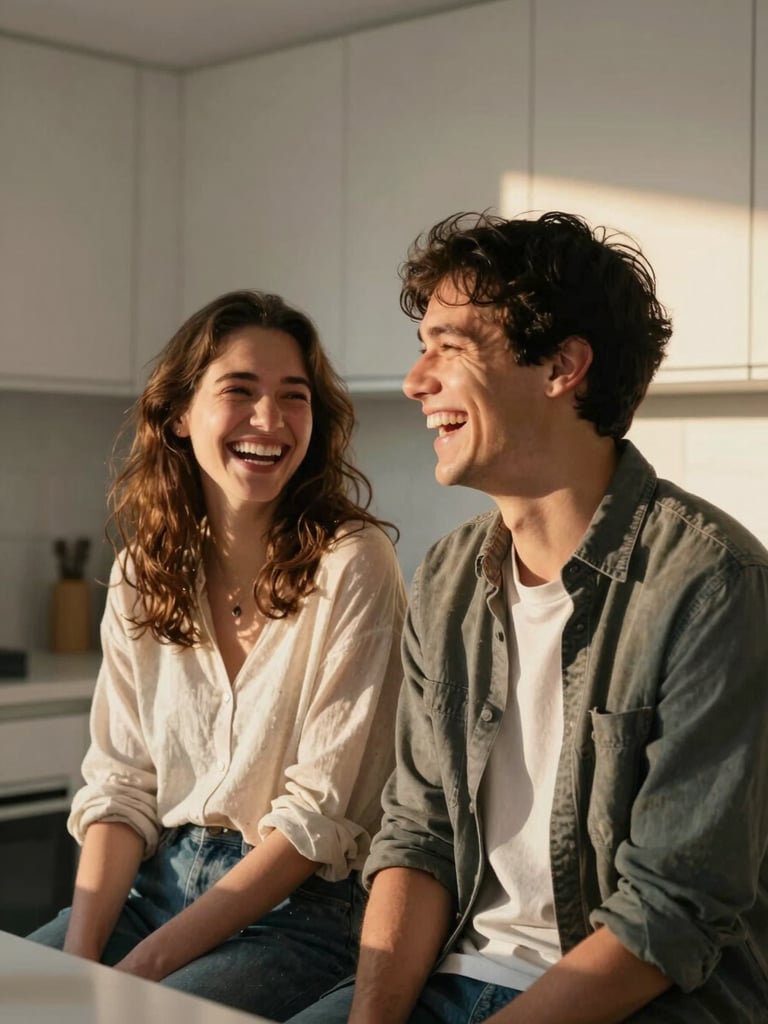 Medium shot of a candid couple laughing together in a bright modern kitchen during golden hour, sitting side-by-side looking like a united front, warm natural light.