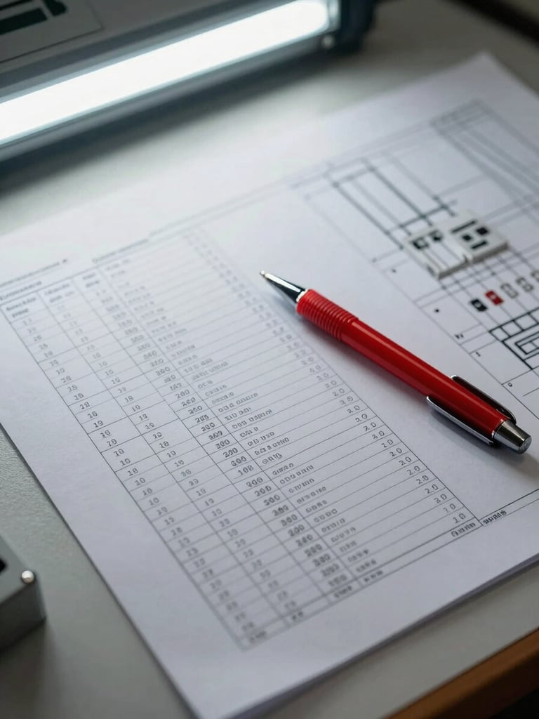 Portrait-oriented close-up of a printed electrical panel schedule document on a drafting desk, columns showing circuit numbers, load descriptions, breaker sizes, and voltage ratings, a red pen resting diagonally across the sheet, fluorescent office lighting, second page of schematics partially visible underneath