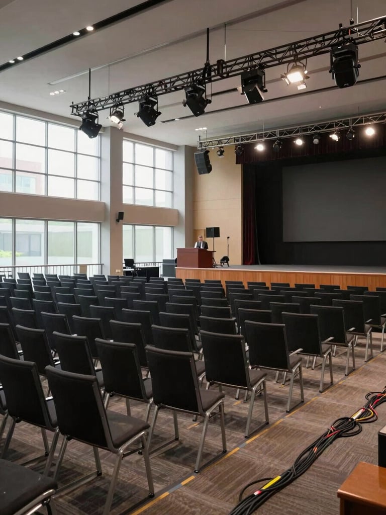 Wide environmental shot of an empty corporate conference hall during production setup — rows of chairs aligned precisely, AV rigging overhead, stage podium under work lights, cables taped along aisles, no attendees present, daylight through high windows