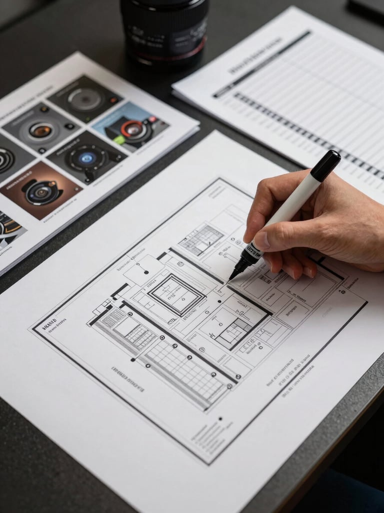 Close overhead shot of a printed event floor plan spread flat on a table, AV spec sheets and a timeline document beside it, a hand placing a marker on the plan, studio strobe lighting, no faces visible, precise and operational