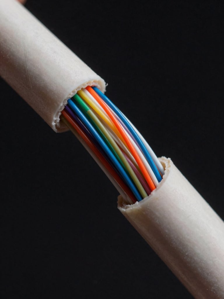 Close-up detail of fiber optic cable bundle cross-section, dozens of colored fiber strands fanning out from a split jacket, cool studio lighting with cyan reflections, black background, technically precise macro framing