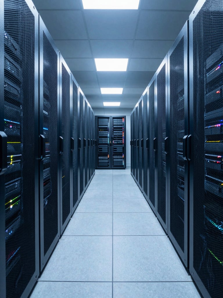 Wide environmental shot of a high-density data center corridor, rows of illuminated server racks receding into depth, cool blue-white overhead lighting casting precise shadows on cable management panels, no people, technically precise framing from low angle emphasizing scale and order
