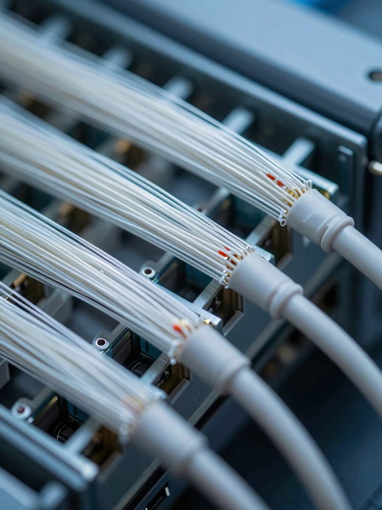 Close-up detail of dense fiber optic cable bundles terminating at a patch panel, cool blue-white studio lighting, sharp technical framing, cables organized with precision, no people