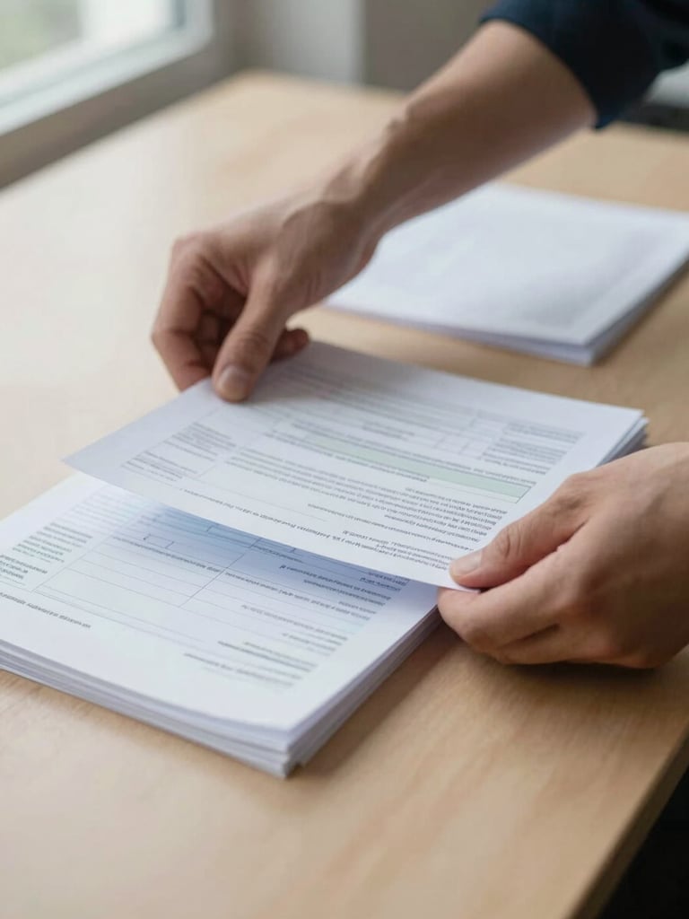 Desk-level close-up of hands sorting through official German administrative forms and stamped documents, neutral warm surface, diffused window light, no people visible above wrists
