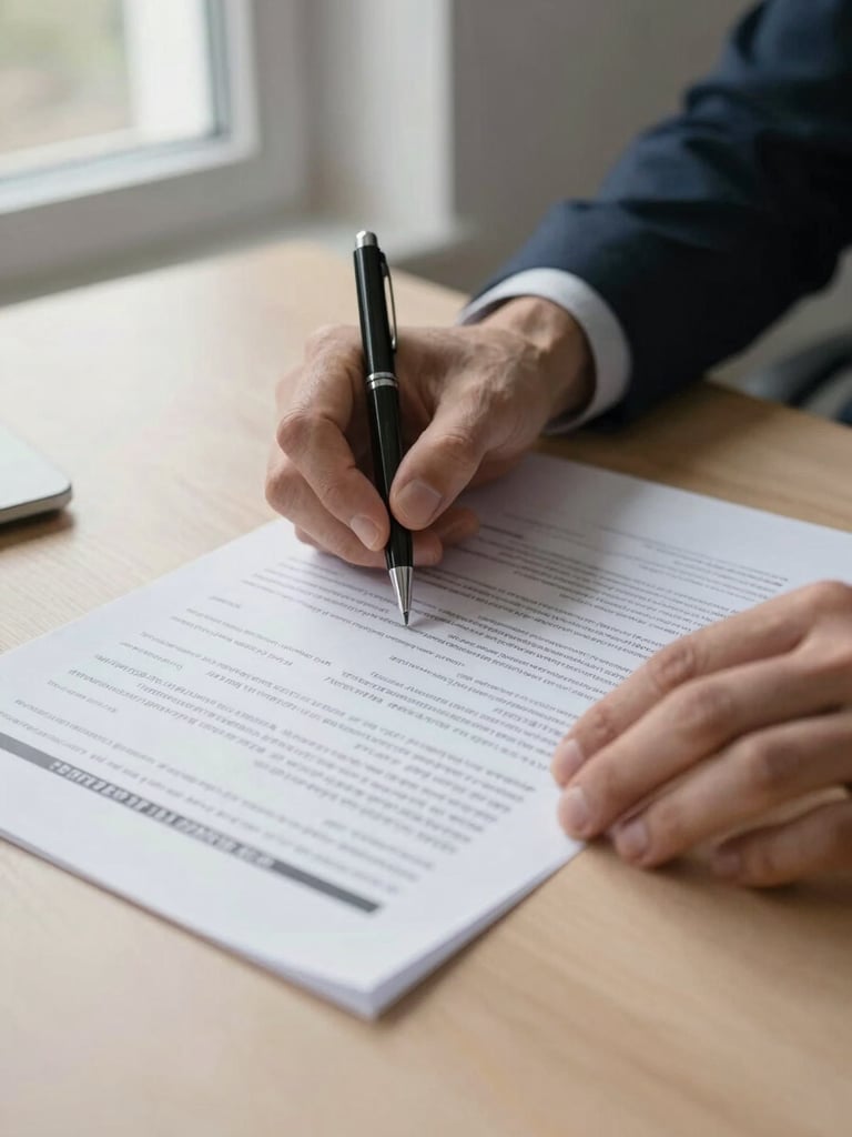 Close-up of hands reviewing a multi-page German employment contract on a desk, natural window light from the left, a pen resting beside the document, neutral warm office surface