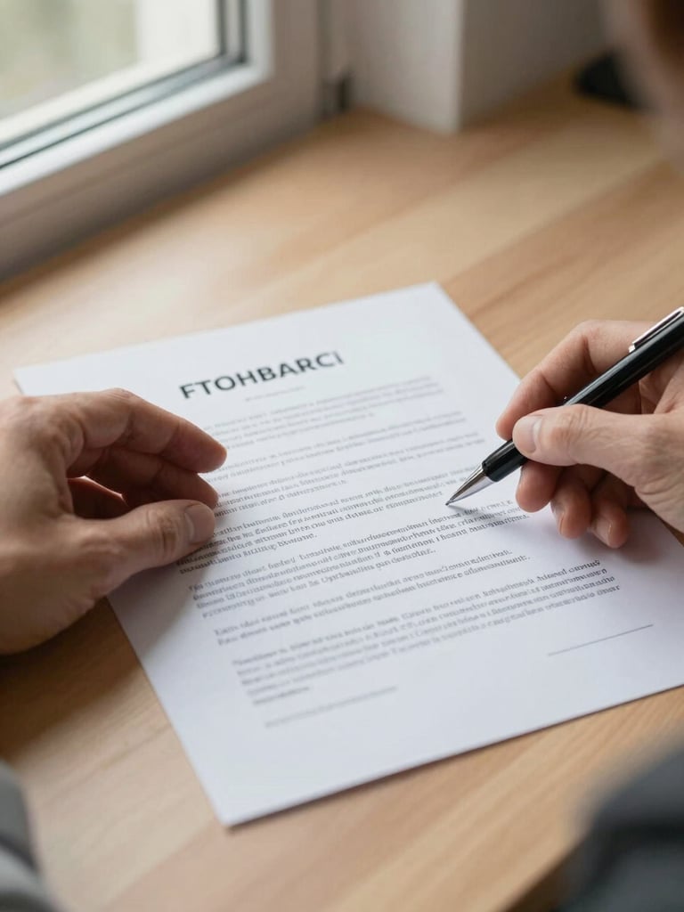 Close-up straight-on desk-level view of hands carefully reviewing a printed German contract document, pen resting alongside, warm daylight from a window to the left, off-white paper on a light oak desk surface