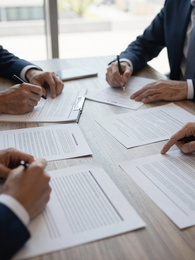 Wide shot of a working meeting at a conference table, two people reviewing printed documents, daylight from large windows, no faces visible, focus on papers and hands