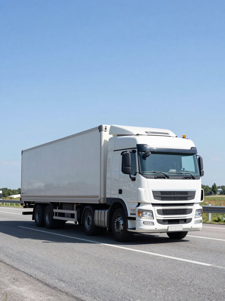 A modern transport truck driving on an open highway under bright daylight, wide-angle environmental shot, sharp industrial details.
