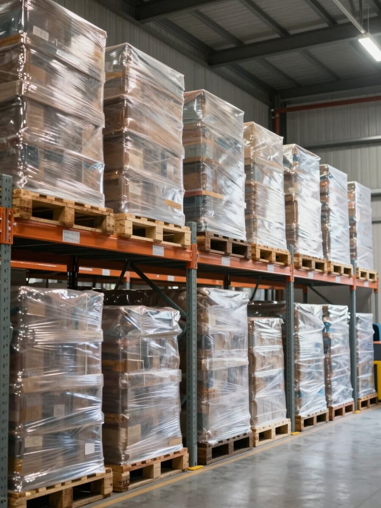 Clean industrial warehouse interior with high-bay metal shelving filled with neatly stacked shrink-wrapped pallets under bright daylight, organized logistics hub.