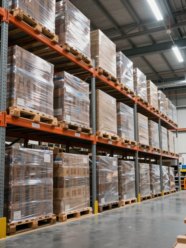 Wide-angle view of a modern B2B logistics warehouse with high-bay shelving and neatly stacked pallets under clean, professional lighting
