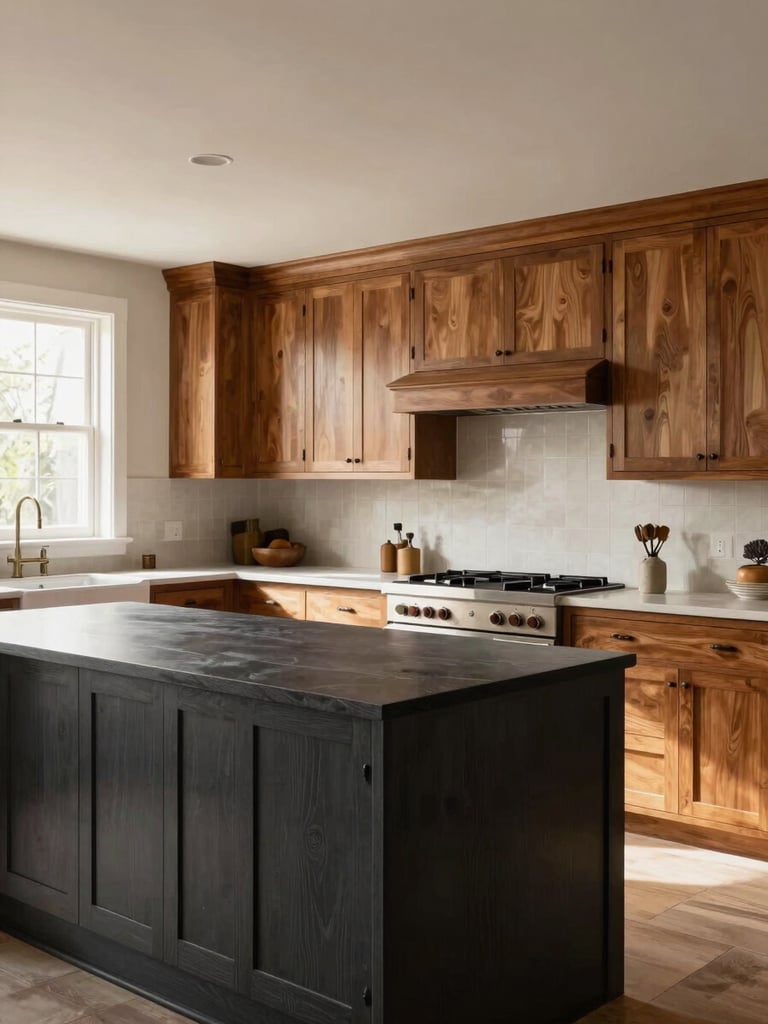 Wide environmental shot of a finished custom kitchen, warm wood shaker cabinets filling the full wall, natural daylight streaming through a window at left, deep charcoal island in the foreground showing joinery detail, real home scale visible in ceiling height and room corners
