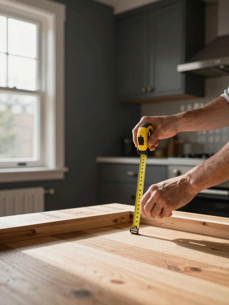 Wide environmental shot, hands gripping a measuring tape against a raw cabinet frame in a residential kitchen, natural daylight streaming from a window to the left, warm wood grain visible in the foreground, deep charcoal walls behind