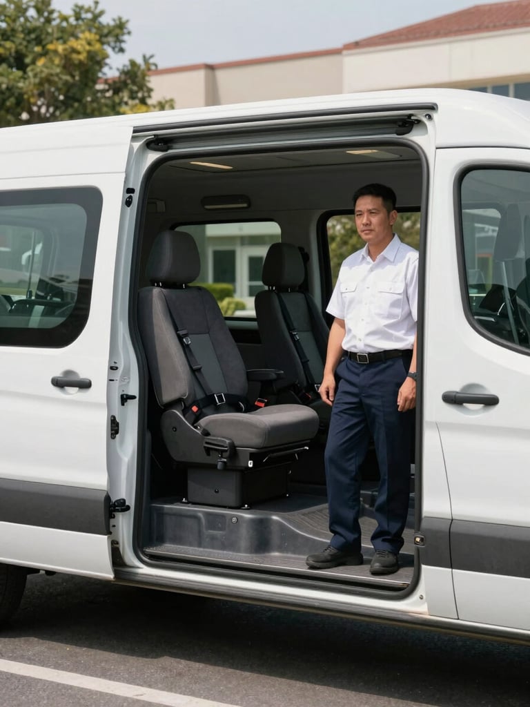 Wide shot of a specialized accessible transport van, interior visible through open side door revealing safety restraints and clean cabin, a white male driver in uniform standing beside it in daylight, suburban institutional backdrop, competence-forward framing