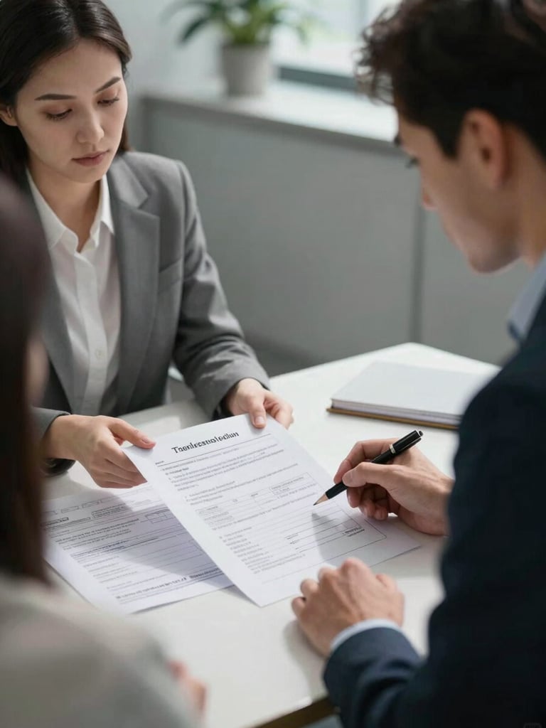 Close-up environmental shot of a white male advisor and a white female client sitting across a table in a structured office, reviewing a printed assessment report under cool daylight, routing charts and credential documents visible on the table surface