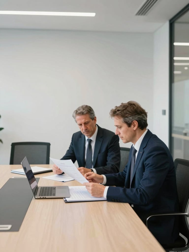 Wide environmental shot of a professional advisory office interior, two white professionals reviewing structured documents at a large conference table under natural daylight, clean navy and white decor, right side of frame open, institutional calm