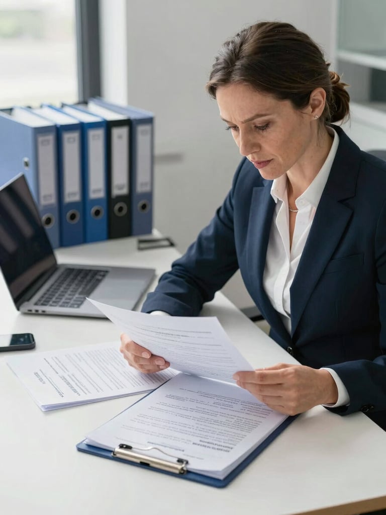 Wide environmental shot of a professional office setting, a white woman in her 40s reviewing credential documents at a clean desk under natural daylight, structured binders and a laptop in the background, medium depth of field conveying institutional competence