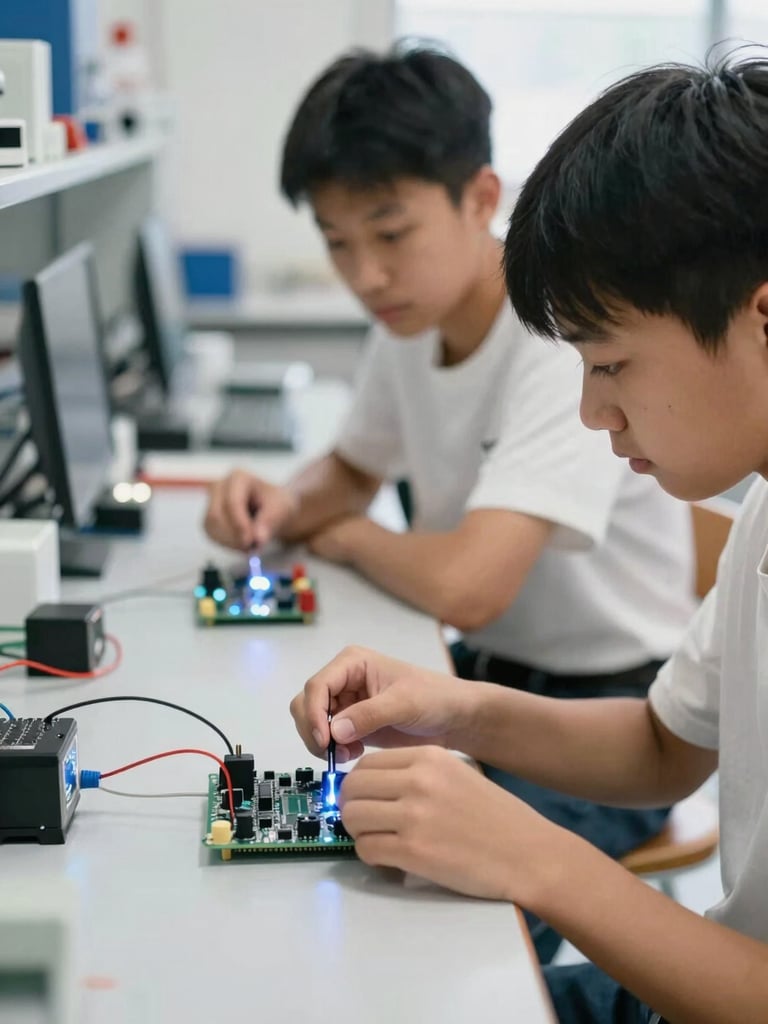 Young student engaged with a microcontroller board, soft laboratory LED lighting, focused expression, authentic collaboration, 35mm.