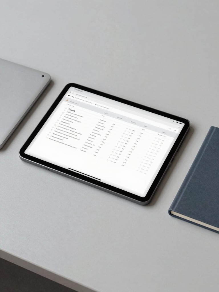 Overhead desk layout with a clean tablet showing structured database schemas, neutral daylight, cool gray and slate tones, minimalist editorial photography, 35mm