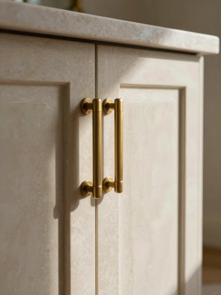 Close-up architectural detail of a villa interior material transition — warm brushed brass handle against pale limestone joinery panel, natural daylight raking across the surface revealing texture, no people, intimate framing