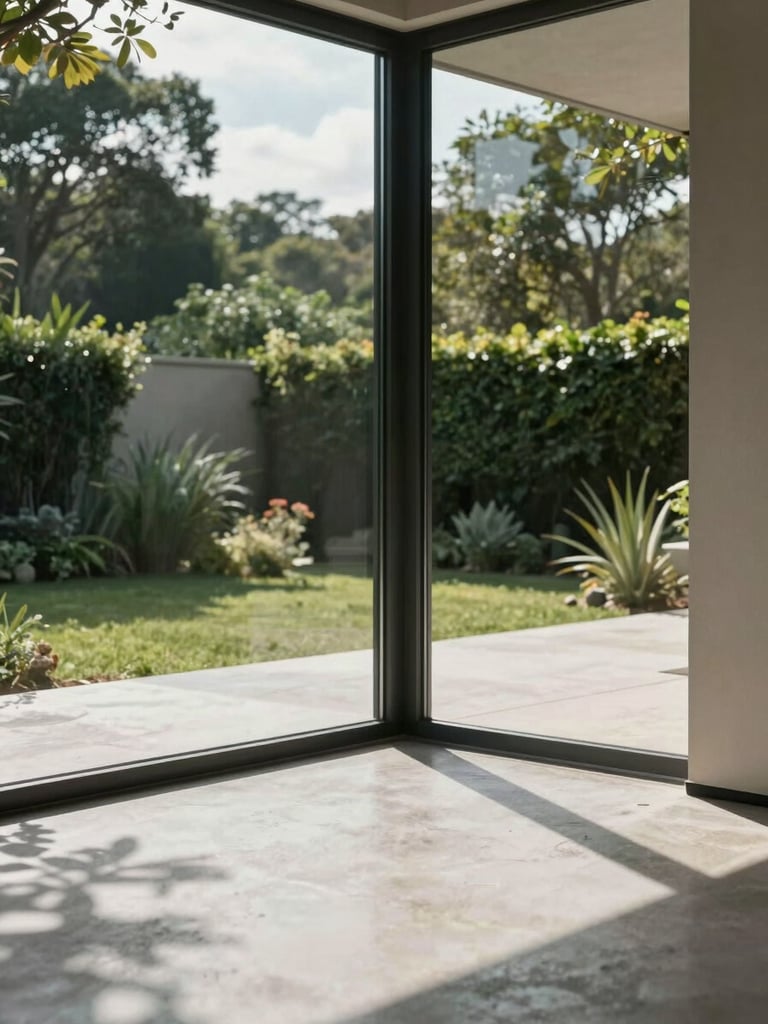 Interior architectural detail of a VilaMod villa — close-up of a floor-to-ceiling glazed corner where two glass panels meet, framing a lush garden outside, natural north-facing daylight flooding polished concrete floors, sharp geometric shadow lines across the surface, no people
