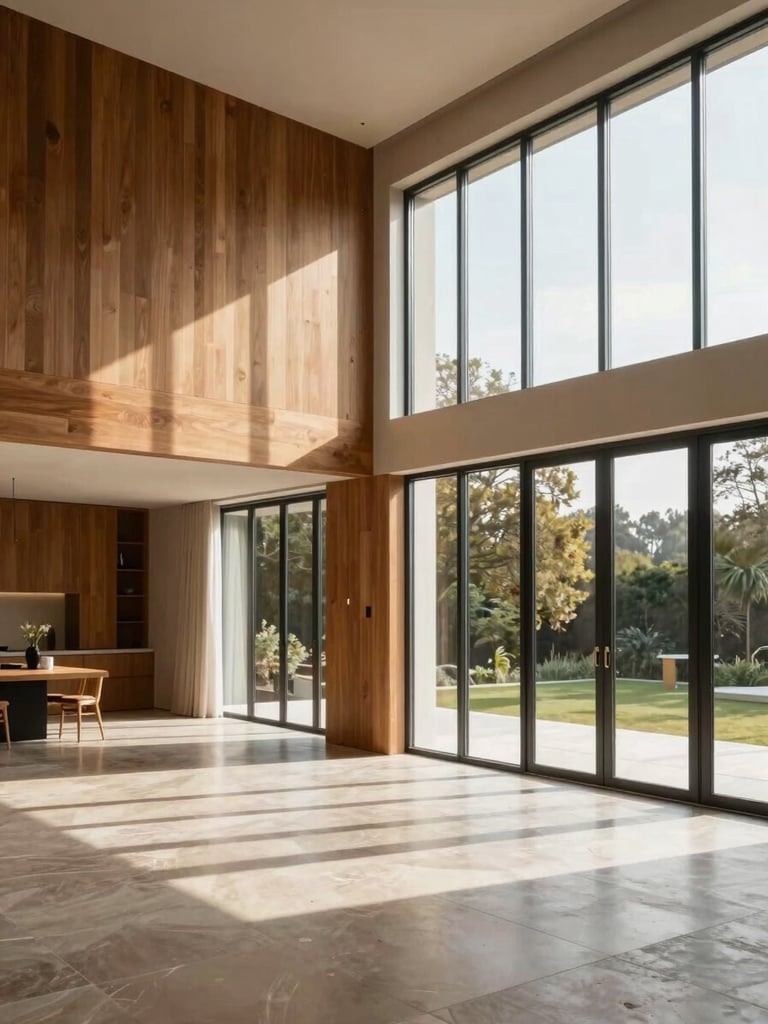 Portrait-format interior of a completed villa living room, tall floor-to-ceiling glazing on the right admitting bright north-facing daylight, warm timber joinery wall to the left, polished stone floor, empty space emphasising architectural volume and natural light quality