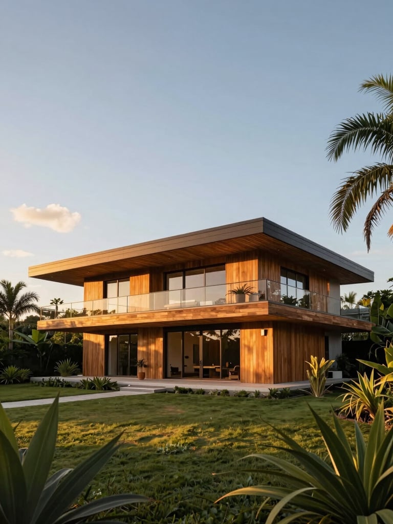 Exterior golden-hour shot of a completed VilaMod villa — the structure sits in a landscaped garden, warm amber light raking across a timber-clad facade, a cantilevered roof casting a clean shadow line, surrounding tropical foliage framing the home, wide architectural angle emphasising volume and sky, no people