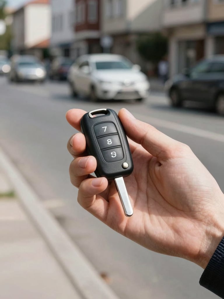 Close-up of a car key fob held in an open hand, Maltepe urban street visible and softly blurred behind, bright midday daylight, concrete curb and parked cars in background, transactional and immediate feel