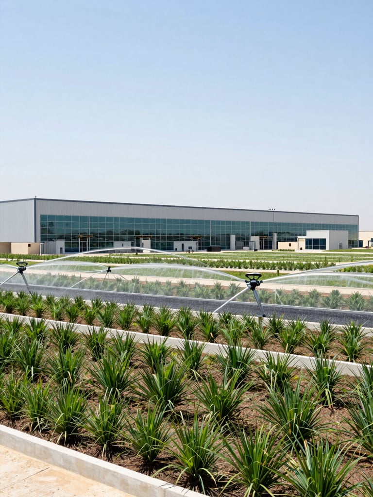 Wide panoramic view of a modern green facility landscape in Kuwait, designed with eco-friendly irrigation, native plants, bright direct sunlight, crisp details, 35mm