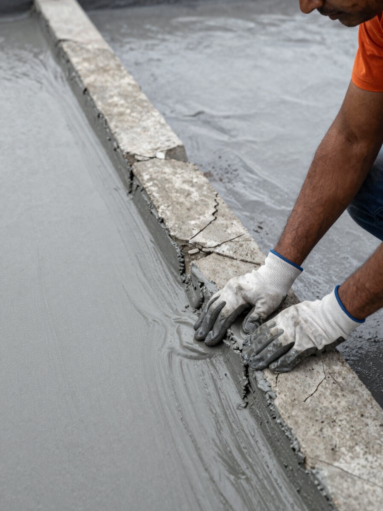 Close-up overhead shot of a contractor's gloved hands smoothing grey waterproofing compound across a cracked concrete joint on a Delhi rooftop, natural overcast light from above, the repair line running diagonally across the frame, surface texture visible