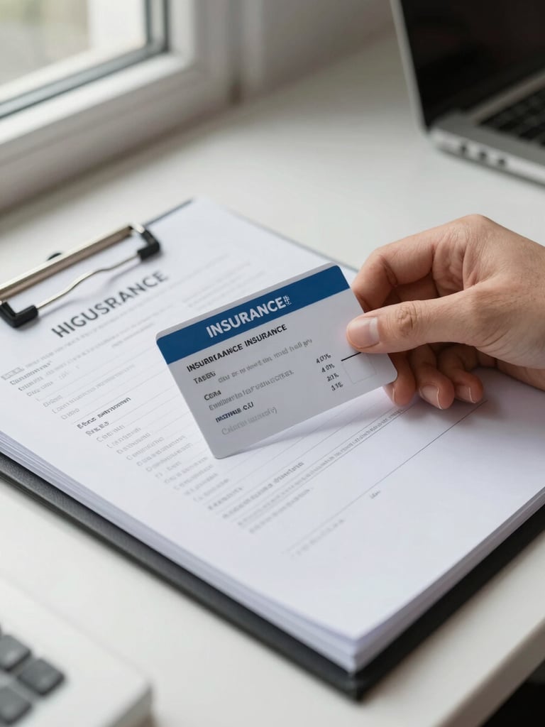 Close-up of a hand placing an insurance card next to an open policy binder on a white desk, sharp daylight from a window on the left, typed policy numbers visible on the page, crisp and precise framing