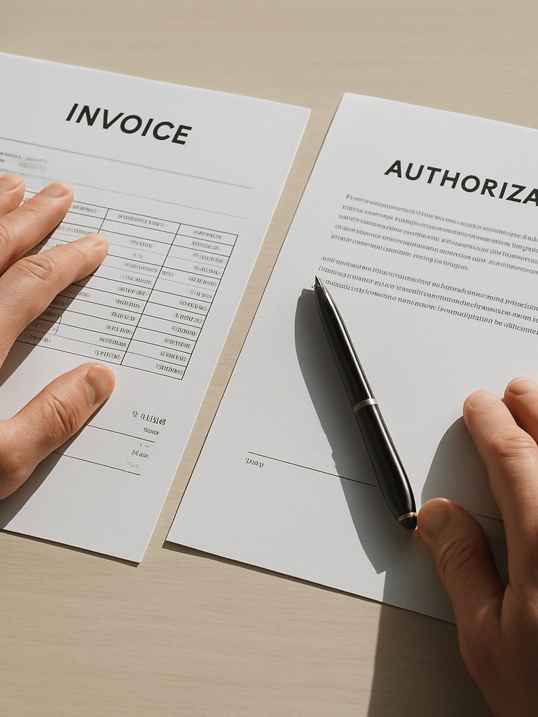 Close-up of hands organizing medical billing documents on a desk, a printed invoice and a signed authorization letter side by side, pen resting on top, bright daylight from above, precise documentary framing