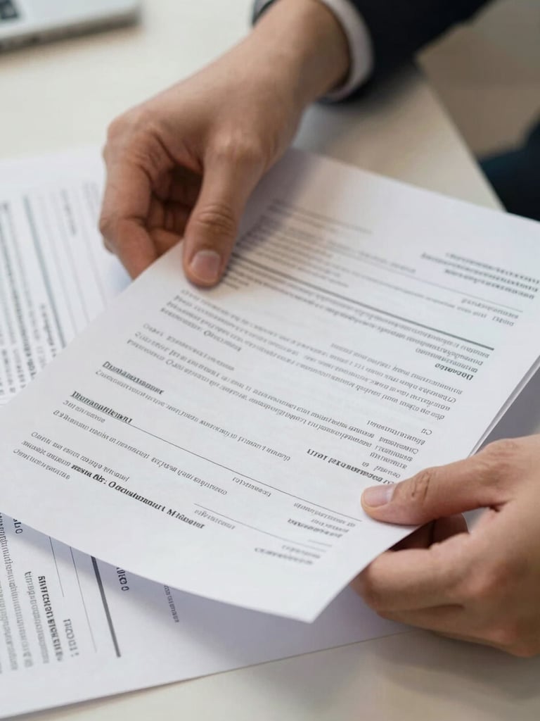 Close-up of hands sorting through insurance policy documents on a desk, typed policy numbers and dates clearly visible on paper, sharp office fluorescent lighting, one hand holding a stamped authorization letter, neutral background, practical framing