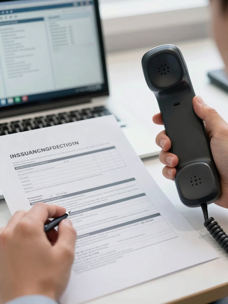 Close-up shot from the right side of a desk under bright office fluorescent light, a hand holding a telephone receiver while the other hand traces a finger across a printed insurance policy document, typed authorization dates and policy numbers visible on the page, coordination dashboard on a laptop screen blurred in the background
