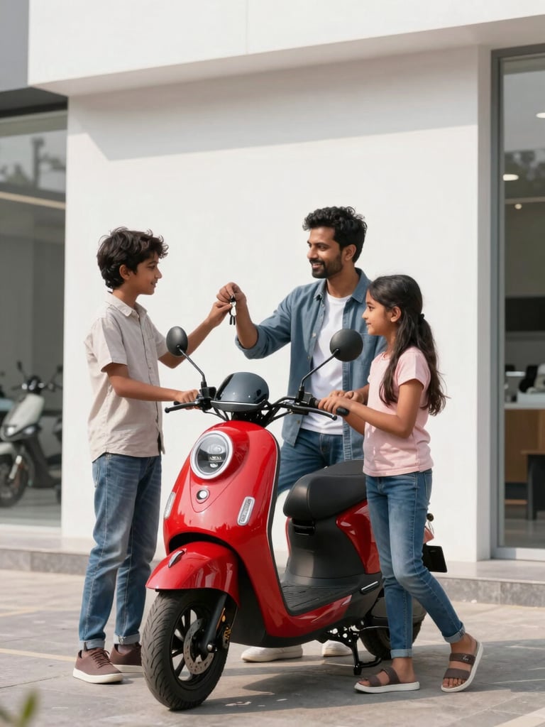 A happy Indian family receiving the keys to their new red electric scooter outside a modern showroom, sunny day, natural lighting