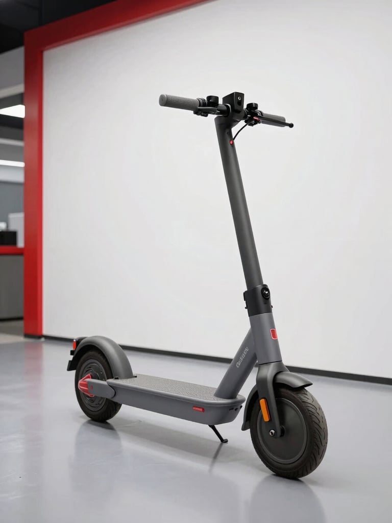 A premium electric scooter parked inside a modern, brightly lit showroom with polished grey floors and minimalist red accents, sharp focus, 50mm