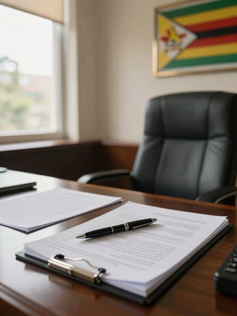 Close environmental shot of a formal office desk in Zimbabwe, documents and a pen resting on dark wood, a coat of arms plaque visible on the wall behind, natural daylight from a side window, dignified and still