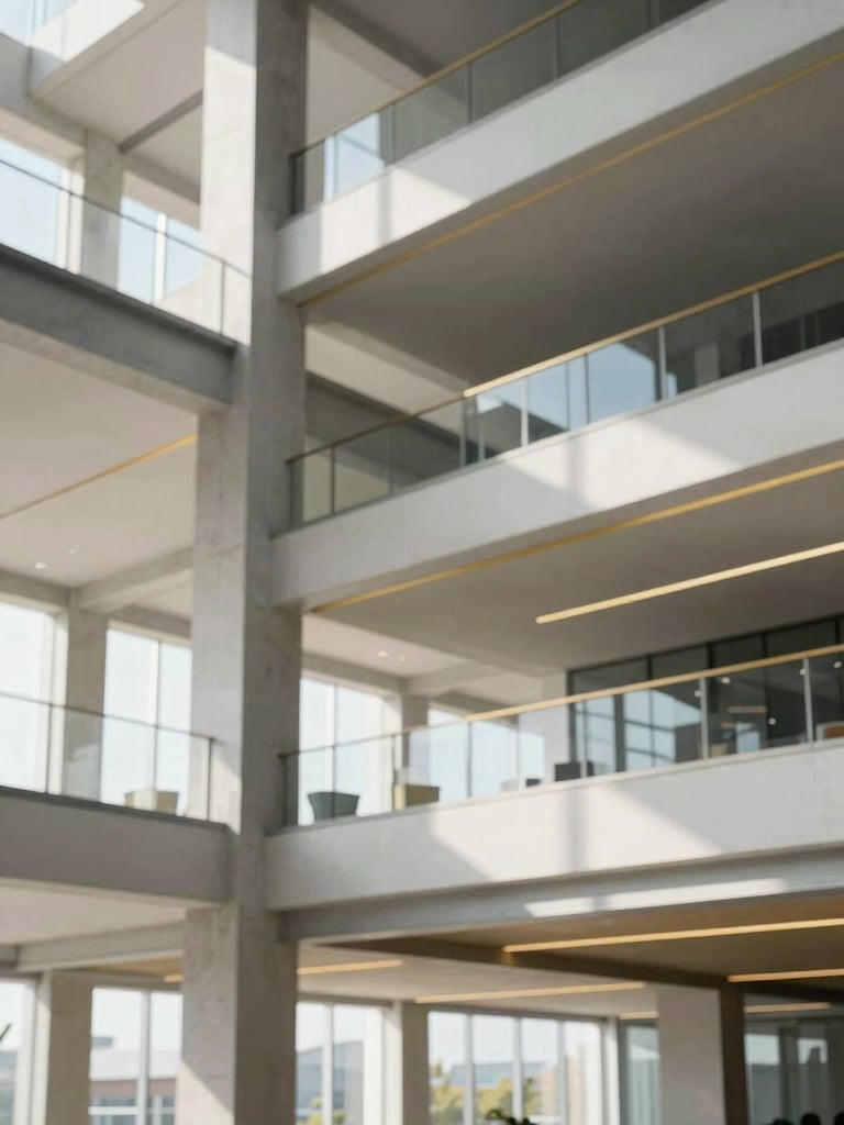 Architectural photograph of a modern commercial office interior during construction, showing structural steel beams and concrete details, bright natural daylight. Sharp focus on the clean lines and engineering.