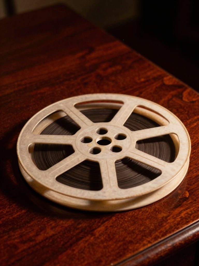 Close-up of a vintage 35mm film reel resting on a dark mahogany library table, warm scholarly lighting casting a soft glow on physical film media, dust particles floating in the air, cinematic chiaroscuro, 35mm film grain