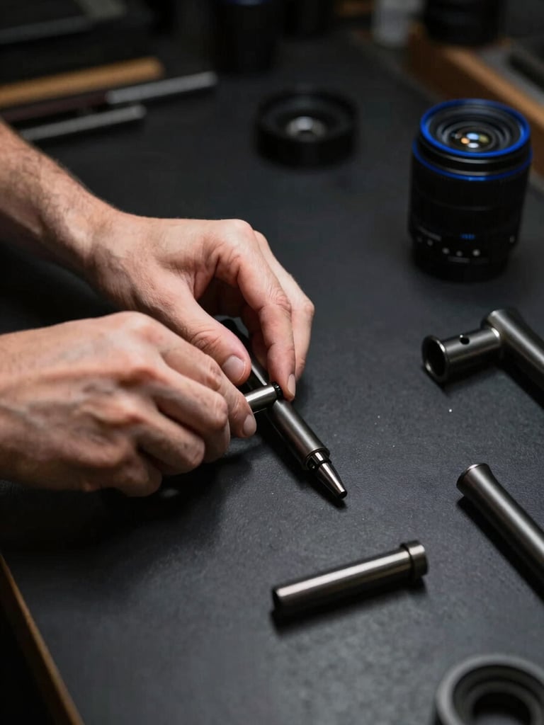 Hands carefully assembling clean firearm components on a matte black workshop bench, low-key side lighting, deep blue rim highlights, 50mm lens