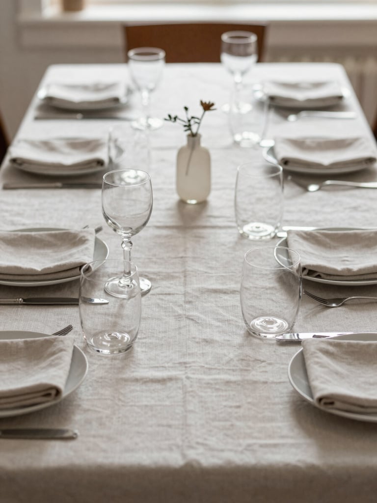 Wide environmental shot of a dining table set for a small gathering before guests arrive — linen napkins, simple glassware, a single stem in a bud vase, soft north-facing daylight, no people