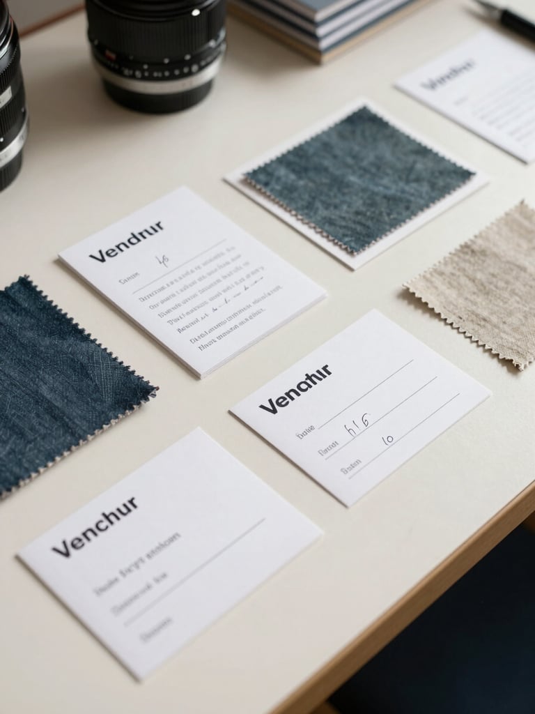 Flat lay of printed vendor contact cards, handwritten notes, and fabric material samples arranged on a cream desk surface, north-facing daylight, close documentary framing
