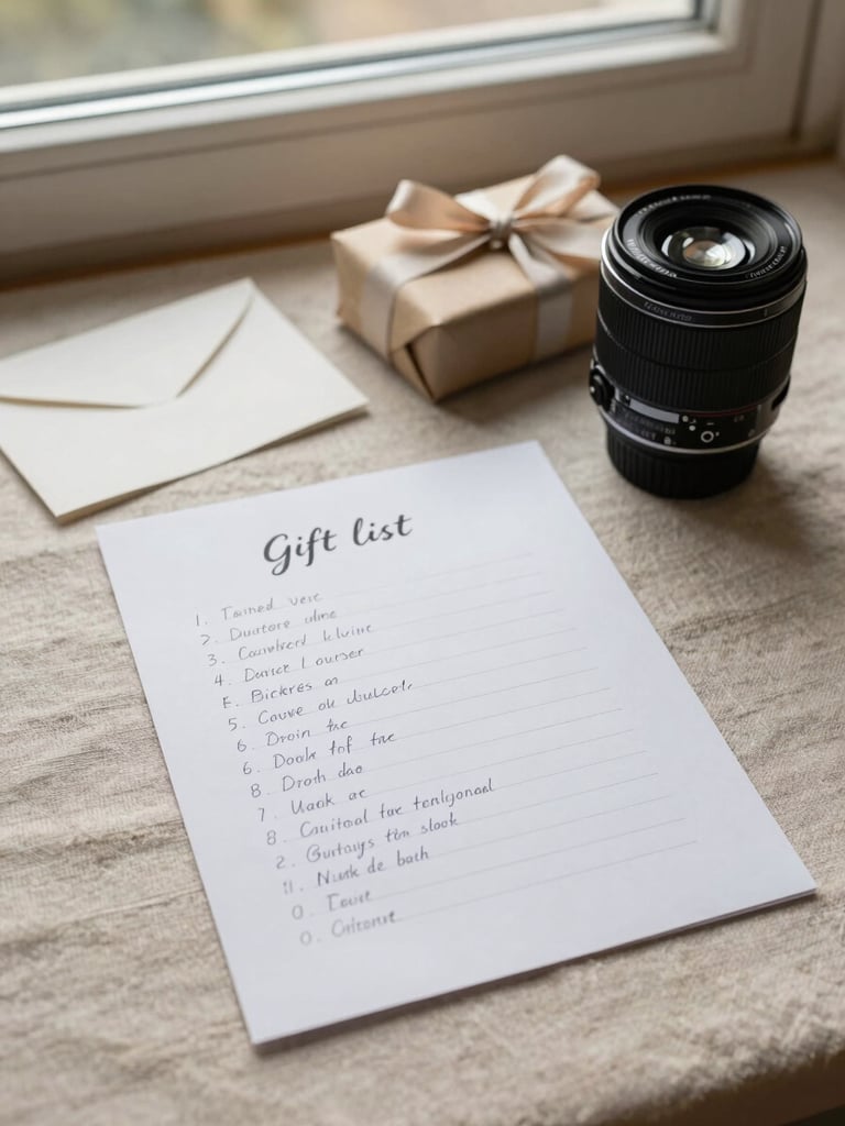 Close flat lay of a printed gift list with handwritten annotations beside a curated selection of small objects — a folded card, a wrapped item, a ribbon — on a warm linen surface, documentary window light