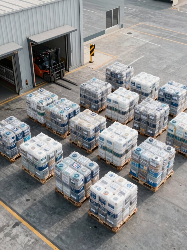 Overhead view of a loading dock at a Dubai logistics facility, pallets of labelled chemical containers arranged in an orderly grid on the dock floor, a forklift visible at the frame edge, overcast daylight from above, clean industrial lines, no staff visible