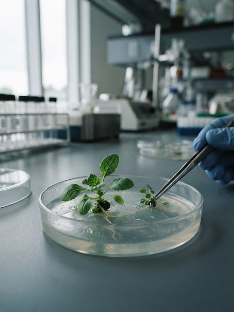 Macro close-up of plant genetics trials inside a sterile laboratory, cool slate and deep green tones, natural overcast daylight, 35mm lens.