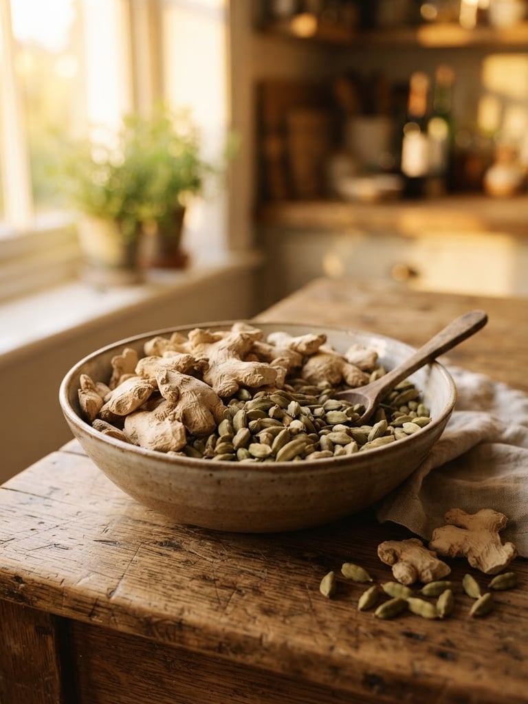 A portrait orientation photo of bulk dried ginger and cardamom pods on a rustic wooden table, warm golden-hour light streaming from a side window, soft shadows, 35mm.