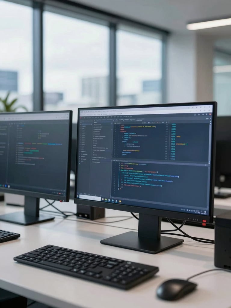 Crisp corporate photography of a modern Auckland workspace, natural daylight reflecting on clean screens showing analytics and code, professional editorial style