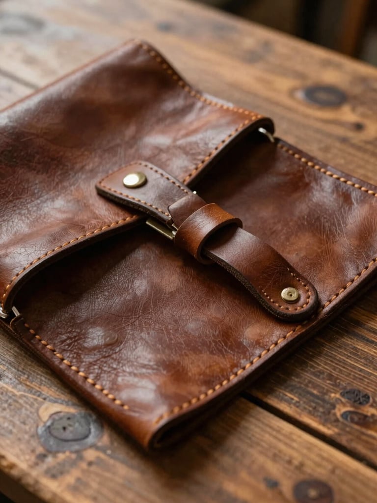 Close-up of a vintage leather tool roll on a rustic wooden table, soft warm side light, elegant and organized aesthetic.