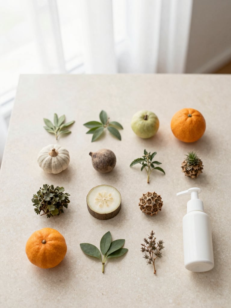 An elegant overhead flat-lay of vibrant whole ingredients, raw botanicals, and clean clinical notes on a cream stone surface, soft diffused morning light.